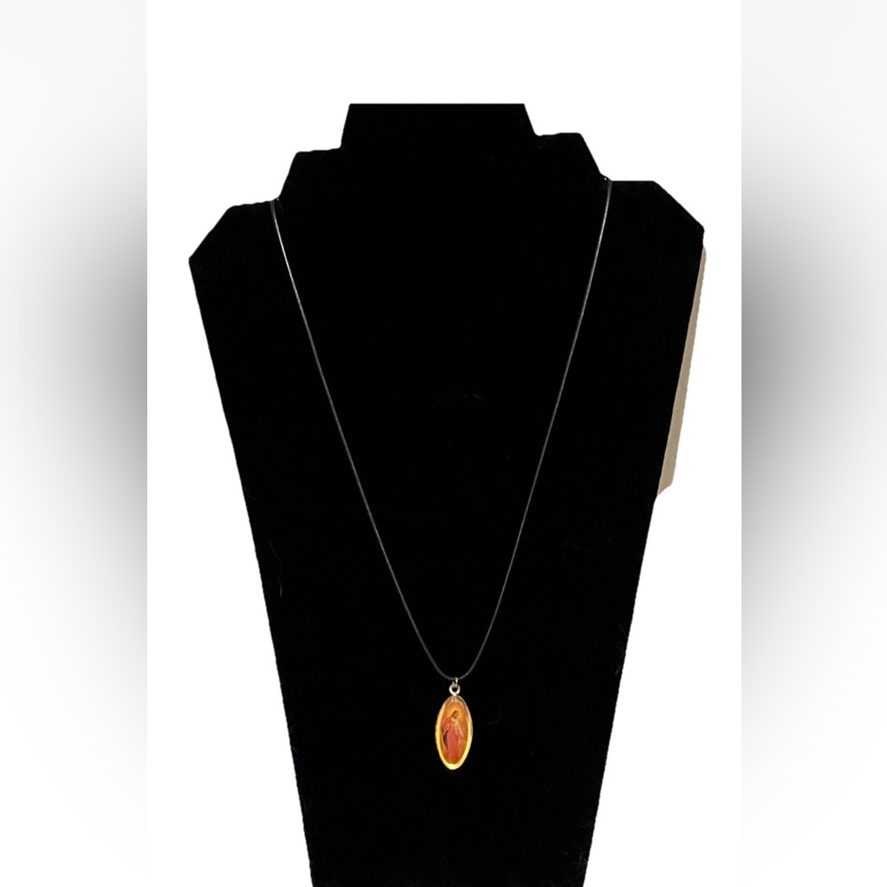 Vintage Gold Tone and Epoxy Jesus Pendant On Black Leather Cord. Christianity.